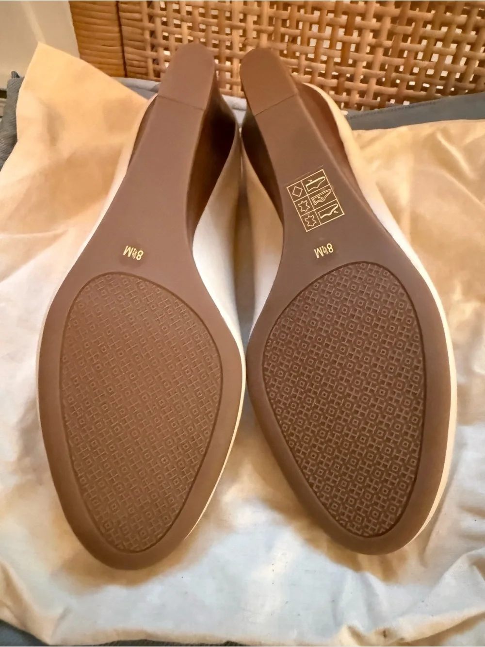 Tory Burch Cream Leather Wedge Pumps with Logo Plaque